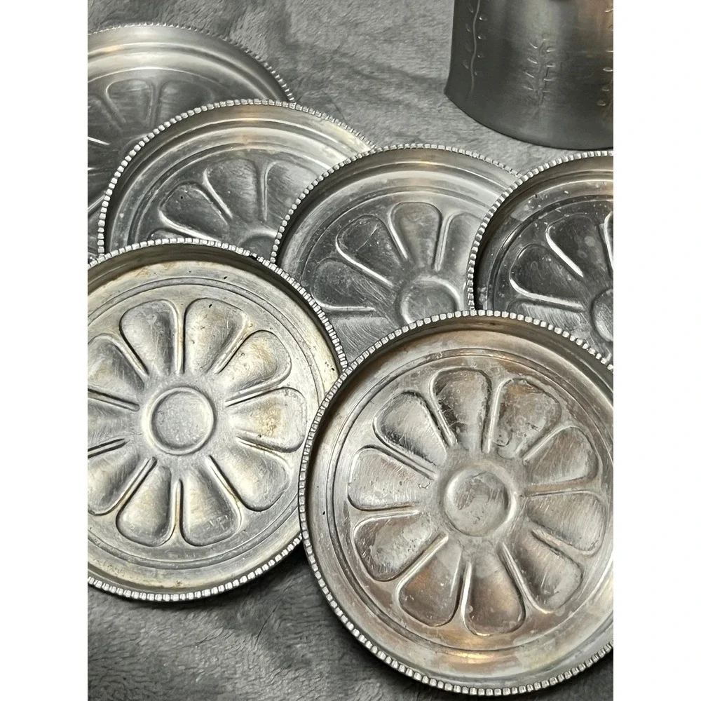 Vintage Aluminum Set of 6 Coaster Holder Floral Embossed Silver Metal Barware